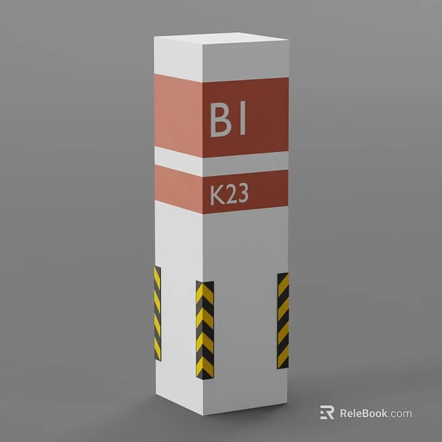 Pillar with red and white sections marked BI and K23 and yellow black striped base 3d model 