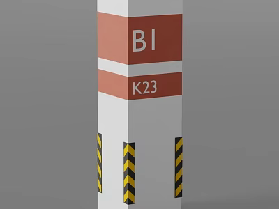 Pillar with red and white sections marked BI and K23 and yellow black striped base 3d model