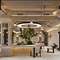 Modern Café Interior With Chandelier White Curtains Large Windows Sofa And Rug