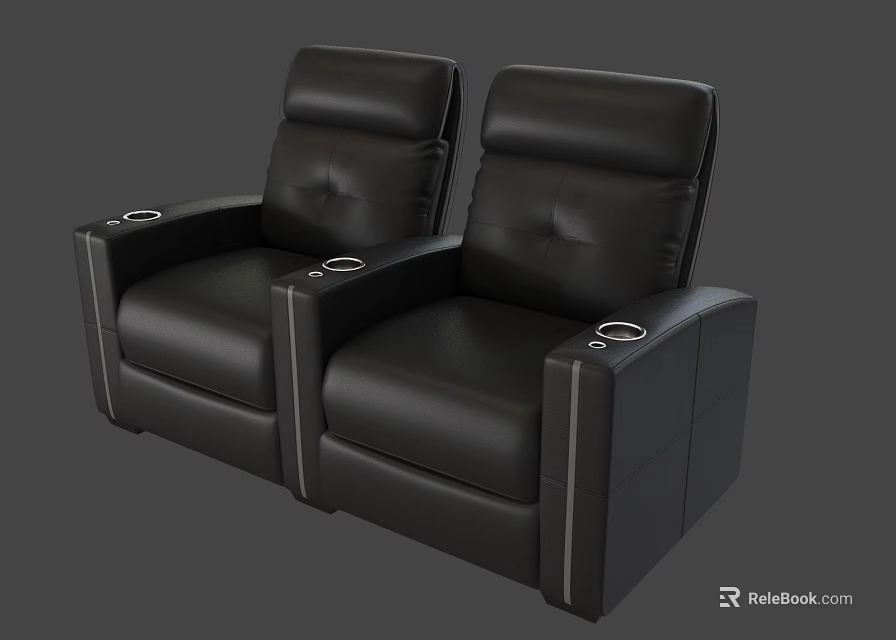 Modern Black Leather Single Seater Sofa With Armrest Cup Holders For Home Theater 3d model 