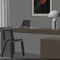 Modern Wooden Desk and Gray Chair Set with Laptop Table Lamp and Abstract Painting