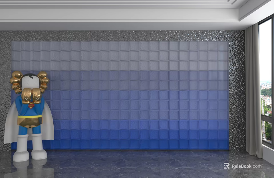 Modern Interior Background Wall With Gradient Blue Gray Square Tiles Design 3d model