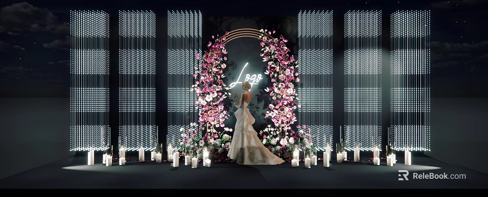 Bride In White Wedding Dress Standing By Flower Arch With Love Neon Sign And Candles 3d model 