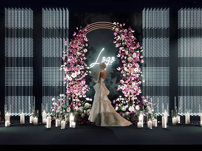 Bride In White Wedding Dress Standing By Flower Arch With Love Neon Sign And Candles 3d model