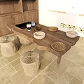Rustic Wooden Table With Woven Baskets Clay Pot And Woven Stools By Wooden Wall