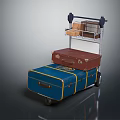 Blue And Brown Luggage With Yellow Straps On Metal Frame Luggage Cart