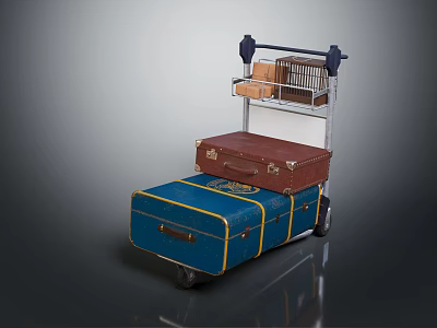 Blue And Brown Luggage With Yellow Straps On Metal Frame Luggage Cart 3d model