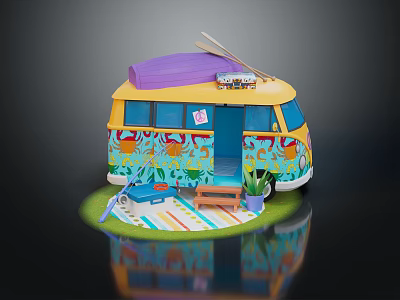 Cartoon Camper Van Scene With Colorful Decor Outdoor Mat And Potted Plant Accessories 3d model
