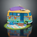 Cartoon Camper Van Scene With Colorful Decor Outdoor Mat And Potted Plant Accessories