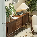Wooden Entryway Console Table With Decorative Paintings Table Lamp And Green Plants
