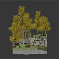 Cartoon Forest Scene with Yellow Trees Small Wooden House and Wooden Walkways on Rocky Platform