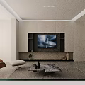 Modern Dining and Living Room Interior with Gray Walls Round Backlit Mirror and White Cabinets
