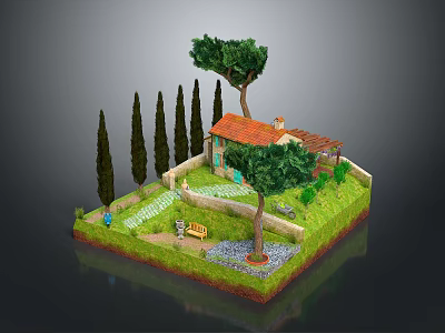 Cozy Cottage Courtyard Featuring Red Roof Cypress Trees Stone Path Green Lawn And Wooden Bench 3d model