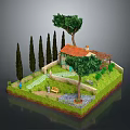 Cozy Cottage Courtyard Featuring Red Roof Cypress Trees Stone Path Green Lawn And Wooden Bench