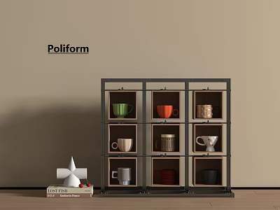 Poliform Multicolored Cups Display On Modern Metal Shelf With Decorative Ornament 3d model