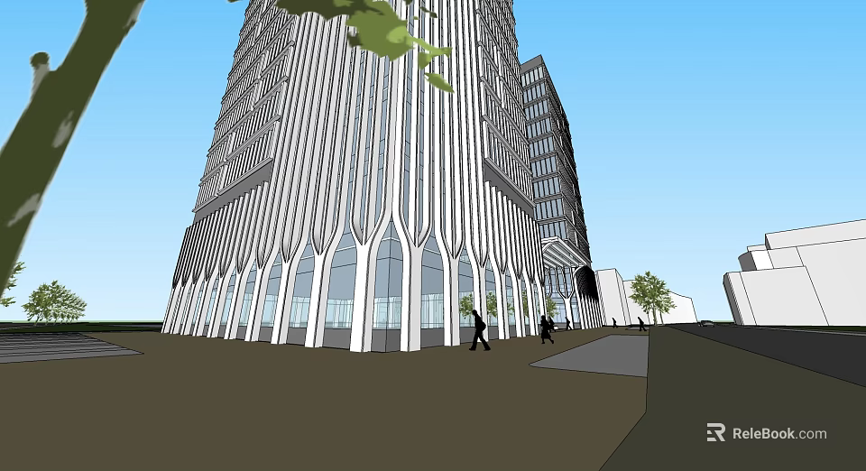 Modern Office Building With Glass Facade And Urban Pedestrian Walkway Design 3d model 