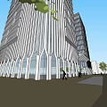 Modern Office Building With Glass Facade And Urban Pedestrian Walkway Design