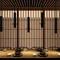 Modern Japanese Restaurant Interior With Wooden Tables Chairs Hanging Lights And Shoji Screens