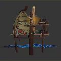 Wooden Dock Model Scene With Small Boat Ropes Figure And Blue Water Waves