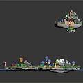 Colorful Cartoon Scene With Floating Islands Blue Water And Small Decorative Elements