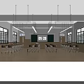 Modern School Classroom Interior With Neat Desks Chairs Digital Clock Blackboard Windows And Lighting 3d model