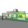LINE FRIENDS Themed Store With Green Exterior Striped Awning Checkerboard Floor And Cartoon Characters