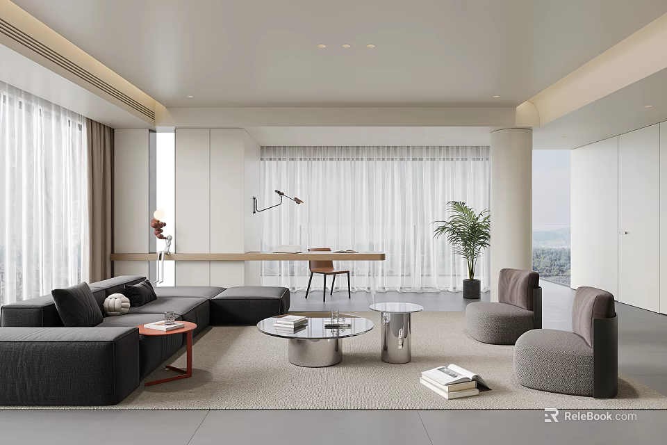 Modern Minimalist Living Room Interior With Gray Sofa Coffee Tables And Floor to Ceiling Windows 3d model 