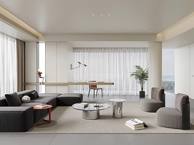 Modern Minimalist Living Room Interior With Gray Sofa Coffee Tables And Floor to Ceiling Windows 3d model