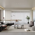 Modern Minimalist Living Room Interior With Gray Sofa Coffee Tables And Floor to Ceiling Windows