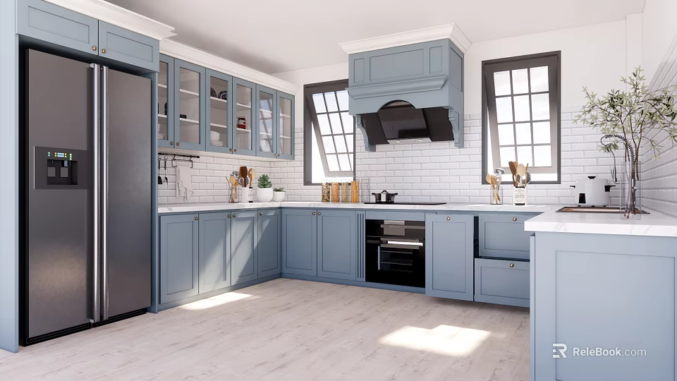 Modern Light Blue Kitchen Interior With Stainless Steel Refrigerator Black Range Hood And White Countertops 3d model 