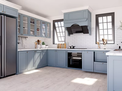 Modern Light Blue Kitchen Interior With Stainless Steel Refrigerator Black Range Hood And White Countertops 3d model