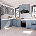 Modern Light Blue Kitchen Interior With Stainless Steel Refrigerator Black Range Hood And White Countertops