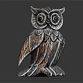 Intricate Carved Metallic Owl Decorative Figurine Set With Feather Details On Black Display Surface