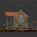 Small Wooden Cabin Model with Red Roof Green Railings Porch Chimney Grass Lawn and Woodpile