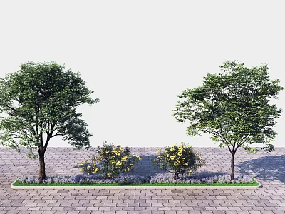 Garden Landscape Design With Two Trees Yellow Flowering Bushes And Paved Ground 3d model