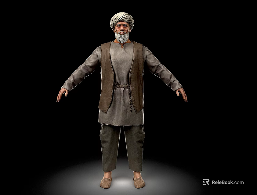 Man With White Turban And Beard In Traditional Outfit Arms Outstretched On Black Background 3d model 