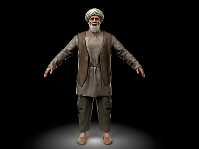 Man With White Turban And Beard In Traditional Outfit Arms Outstretched On Black Background 3d model