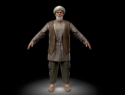 Man With White Turban And Beard In Traditional Outfit Arms Outstretched On Black Background 3d model