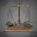 Vintage Brass Balance Scale With Wooden Base And Gray Hexagonal Background