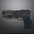 Futuristic Sci Fi Pistol With Mechanical Design Silver Blue Color And Ergonomic Grip