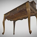 Vintage Wooden Writing Desk With Drawers Open Shelves And Curved Legs