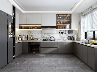 Modern Kitchen Interior With Grey Cabinets Marble Countertop Black Refrigerator And Built In Appliances 3d model