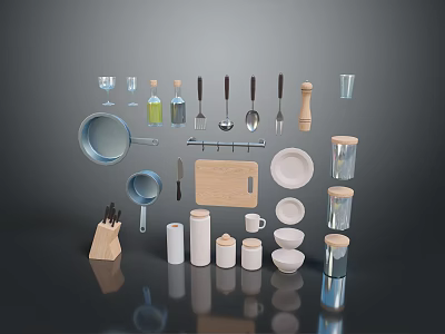 Practical Kitchen Household Items With Pots Spoons Knives Plates And Storage Jars 3d model