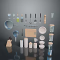 Practical Kitchen Household Items With Pots Spoons Knives Plates And Storage Jars