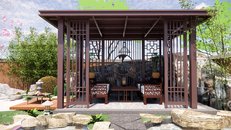 Traditional Chinese Wooden Pavilion Garden With Lattice Structure Stone Decorations Benches And Lanterns 3d model 