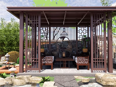 Traditional Chinese Wooden Pavilion Garden With Lattice Structure Stone Decorations Benches And Lanterns 3d model
