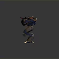 Mechanical Creature with Blue Black Body Yellow Details Standing on Orange Glowing Circular Pattern