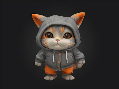 Cute Cartoon Kitten Wearing Gray Hoodie And Orange Pants On Black Background 3d model