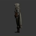 Woman in Hooded Cloak and Armor With Leather Belt and Boots Standing Against Gray Background