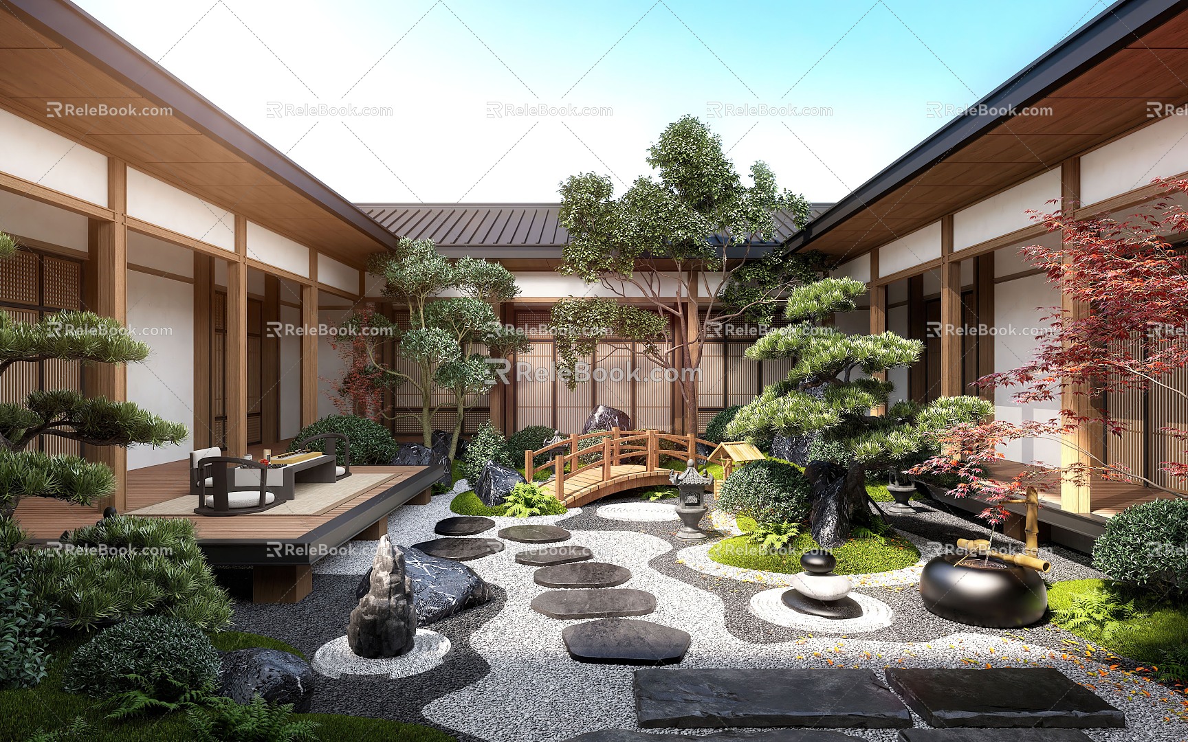 New Chinese Courtyard Landscape Home Courtyard Villa Courtyard Courtyard Landscape Sparkment Landscape Wall Waterscape Wall Outdoor Sofa Outdoor Dining Table Dry Landscape model